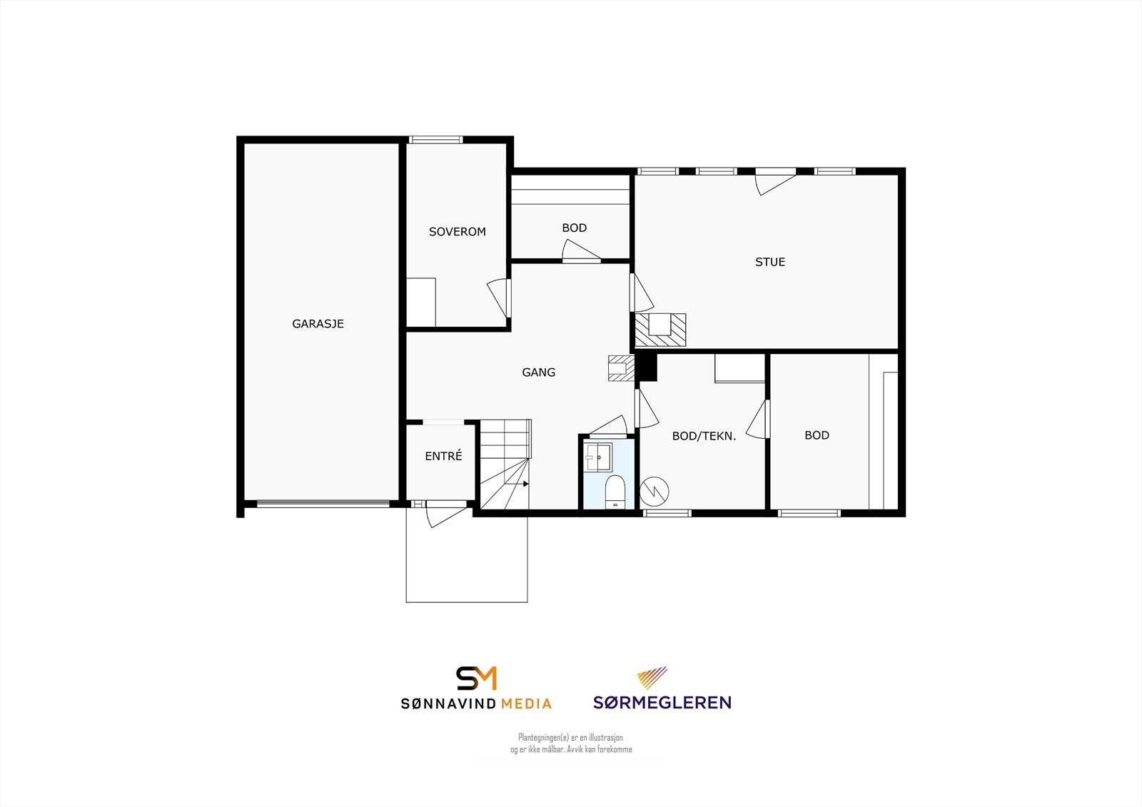 Plantegning 1. etasje. Opprinnelig bod i boligens underetasje benyttes som soverom (opprinnelig godkjent som bod). Rommet er ikke formelt bruksendret fra tilleggsdel /S-rom til hoveddel / P-rom Galleribilde