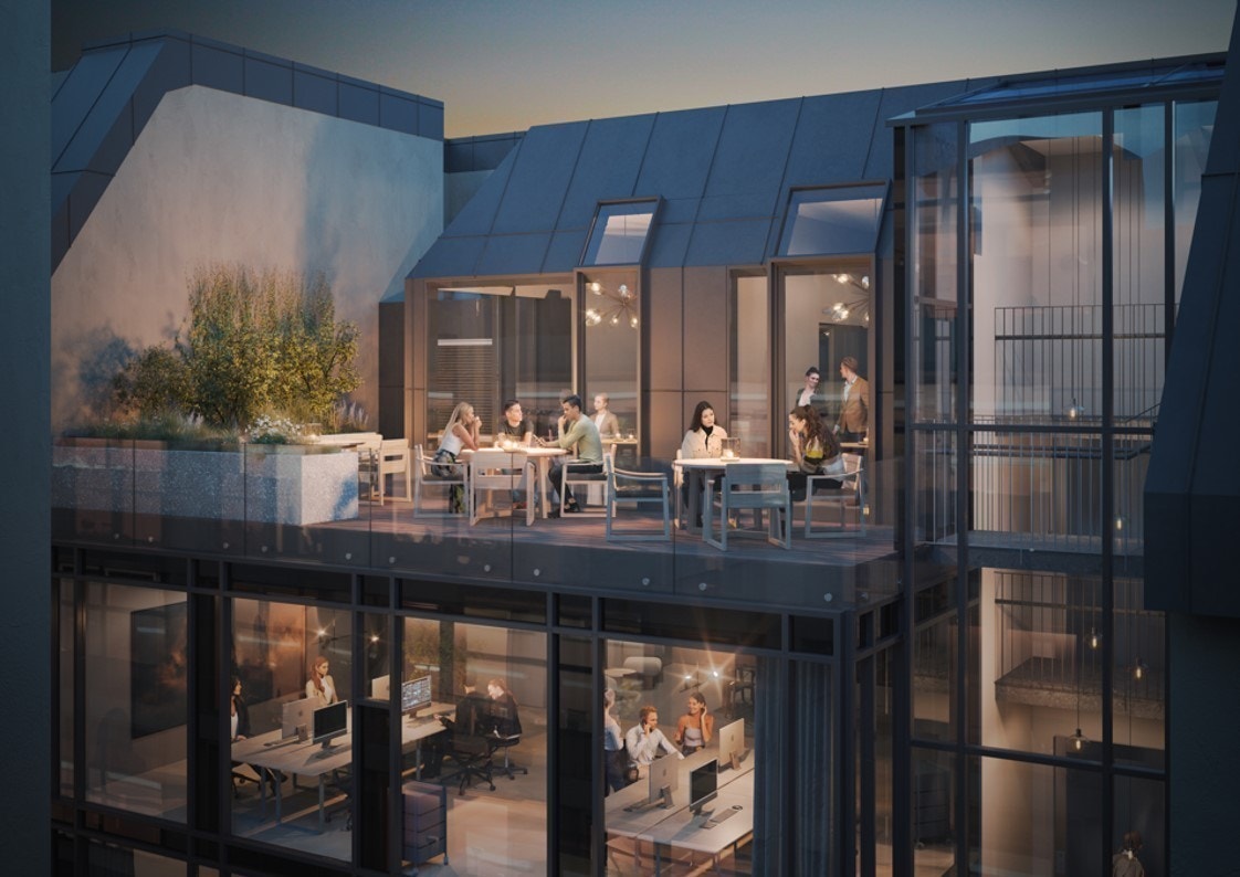 Plan 5 Takterrasse:
Felles takterrasse: Et samlingspunkt som fremmer sosiale aktiviteter og gir ansatte et pusterom i hverdagen. Et perfekt sted for uformelle møter, en pust i bakken eller eksklusive private arrangementer.
Det er et stilfullt styrerommet Galleribilde