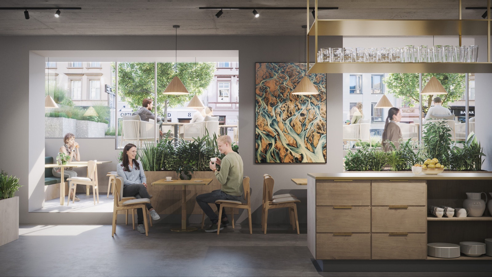 Restaurant og serveringsområde:
Åpent for både ansatte og publikum, noe som bidrar til å vitalisere området og skape et dynamisk arbeidsmiljø. Galleribilde