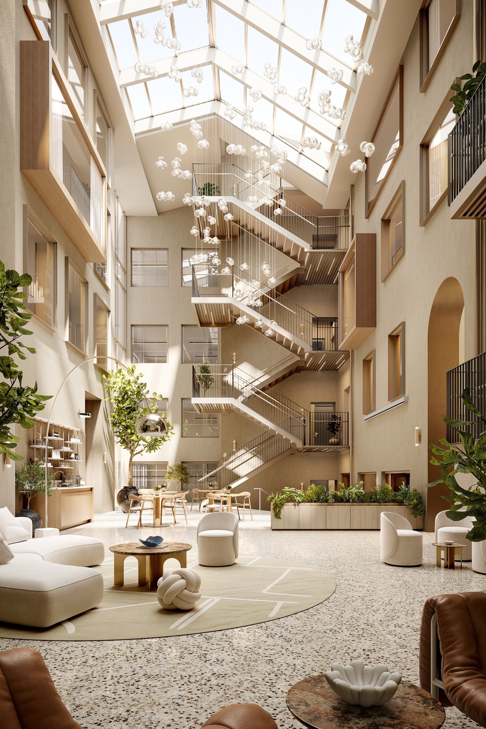 Atriet:
Velkommen inn via Atriet. Det pulserende hjertet i bygget.
Dette møtestedet er tilrettelagt for å enkelt kunne tilpasses en rekke formål, fra store frokostmøter og workshops til sosiale sammenkomster og feiringer. Galleribilde