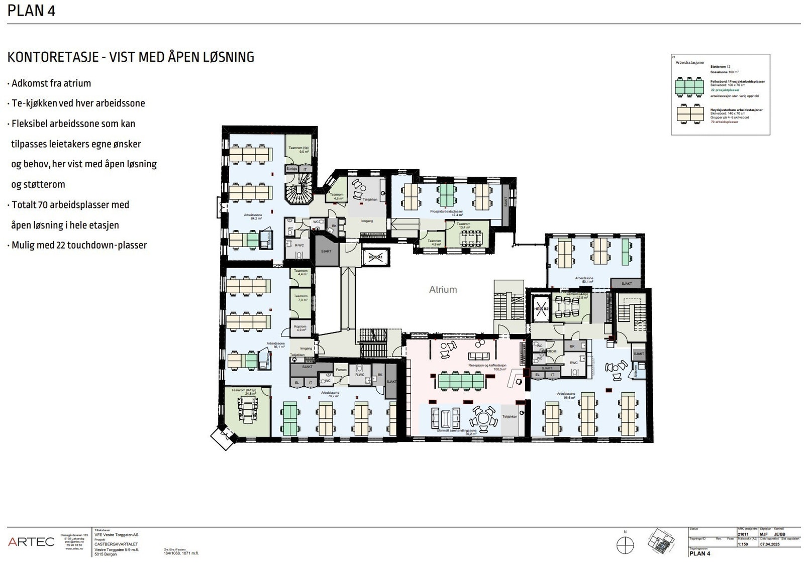Plan 4 – En fleksibel kontoretasje med både faste plasser og prosjektplasser. Vist med åpen løsning og kapasitet på ca. 66–94 arbeidsplasser. Arbeidsområdene kan tilpasses etter behov, med te-kjøkken strategisk plassert ved hver arbeidssone. Etasjen inklu Galleribilde