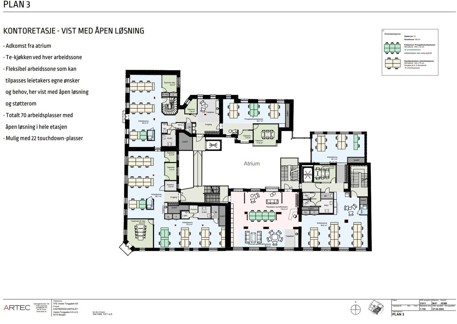 Plan 3 – En fleksibel kontoretasje med både faste plasser og prosjektplasser. Vist med åpen løsning og kapasitet på ca. 66–94 arbeidsplasser. Arbeidssonene kan tilpasses etter behov, og hvert område har strategisk plassert te-kjøkken. Etasjen inneholder o Galleribilde