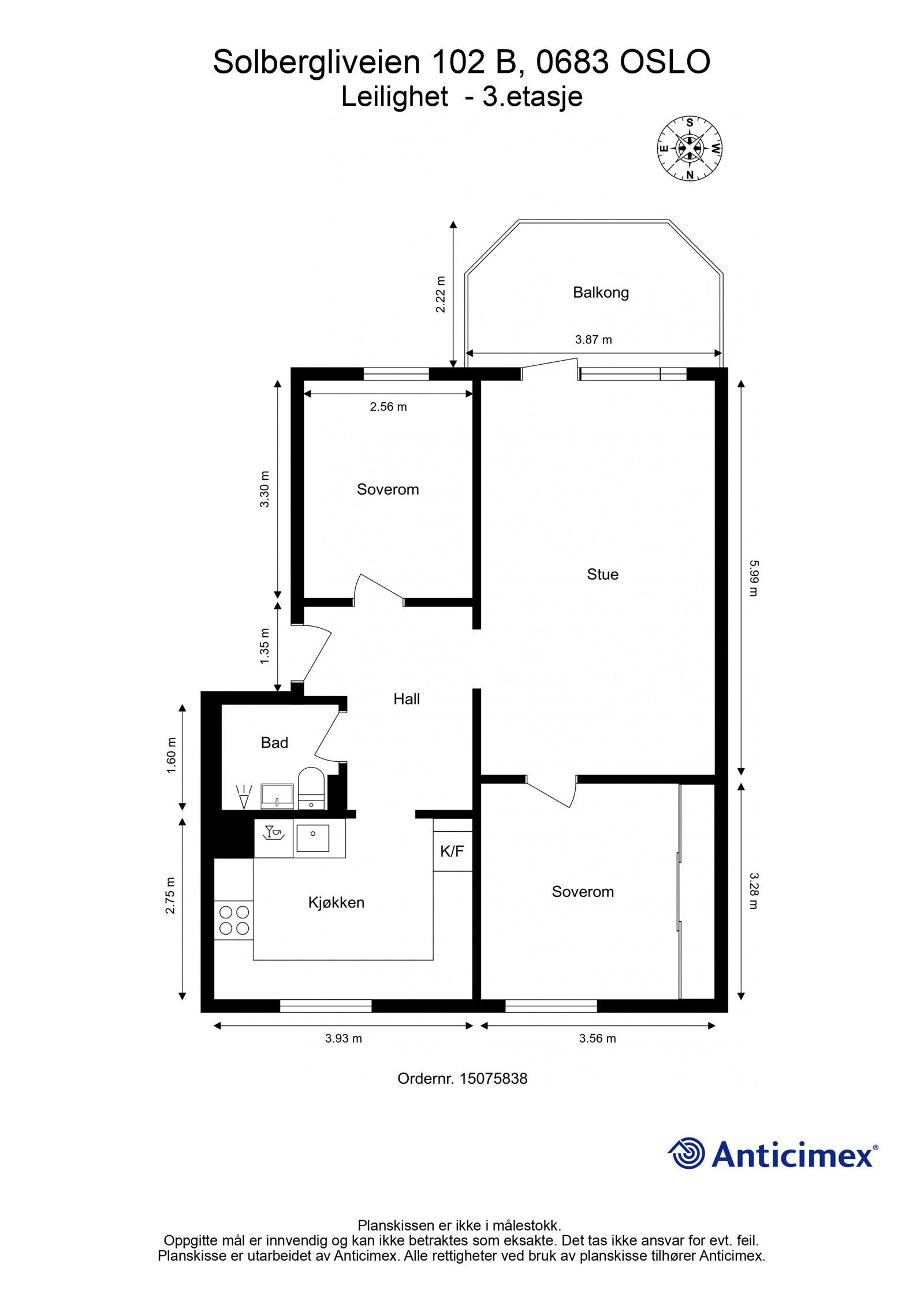 - Plantegning med mål Solbergliveien 102 B - 3.etasje - Galleribilde