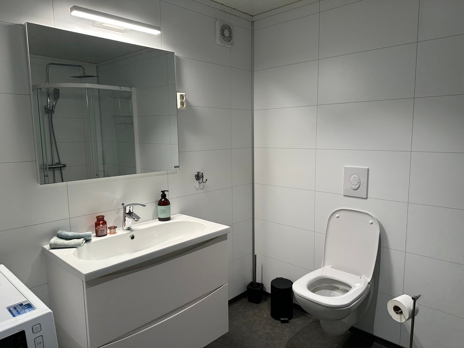 Badet er innredet med servant, vegghengt toalett og dusjhjørne Galleribilde