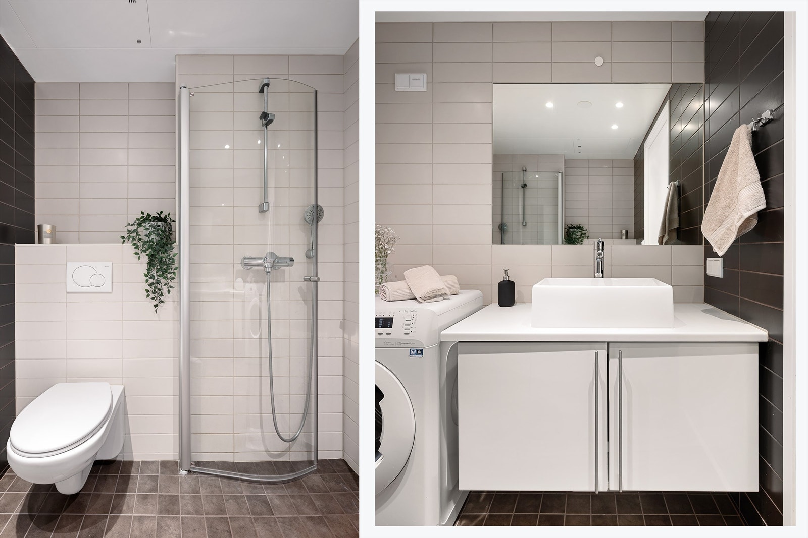 Badet er innredet med dusj med dusjdører i herdet glass, servant med skapinnredning, klosett med vegghengt klosettskål og innebygget sisterne. Det er både plass og opplegg for vaskemaskin og tørketrommel. Galleribilde