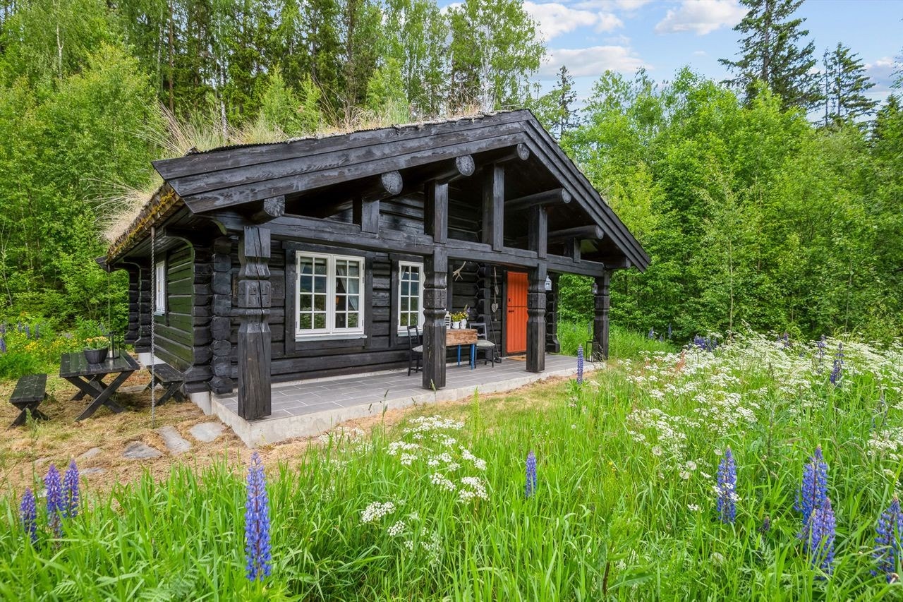 Sjarmerende håndlaftet hytte med overbygget inngangsparti/terrasse Galleribilde