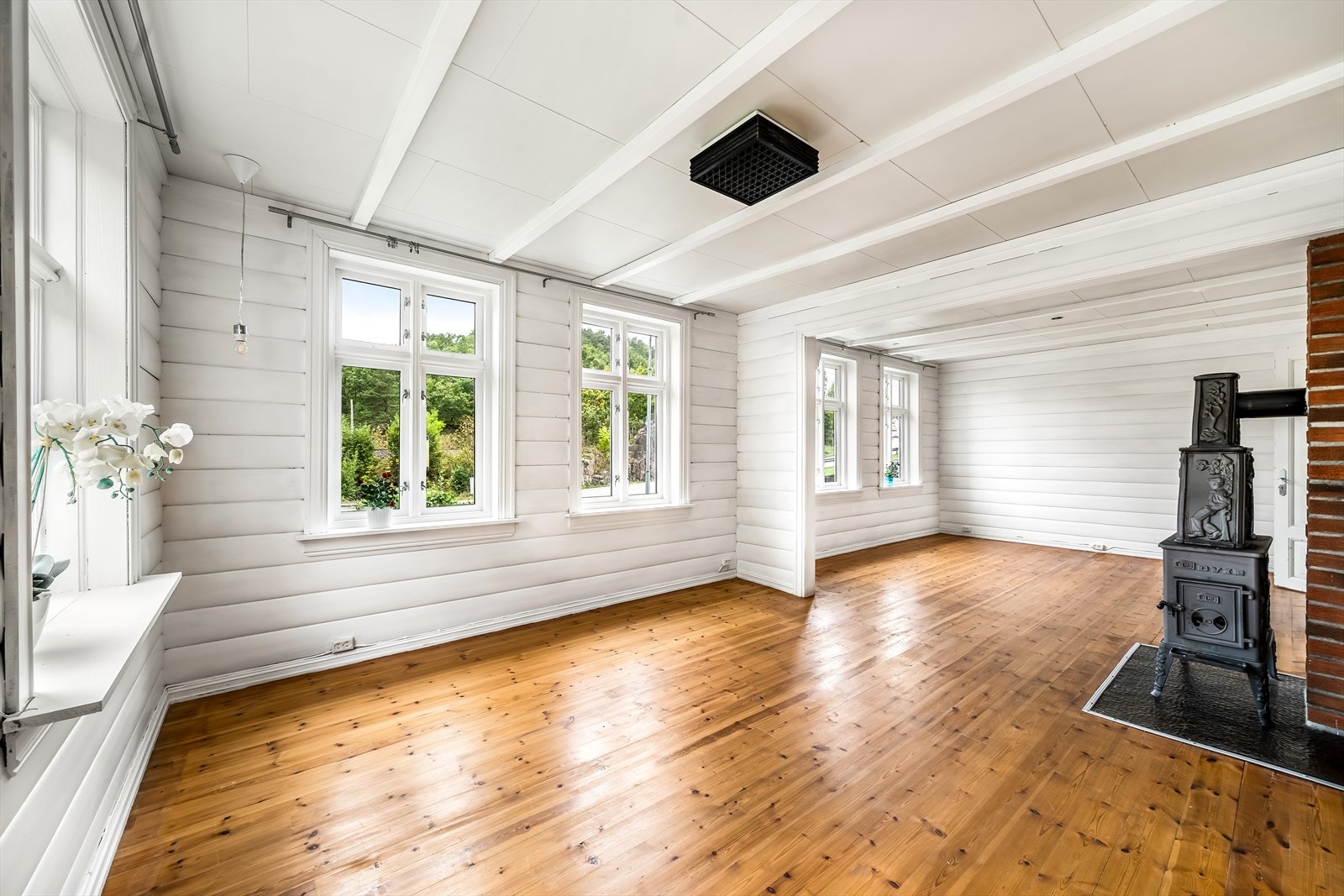 Romslig stue med vedfyring i peis. Galleribilde