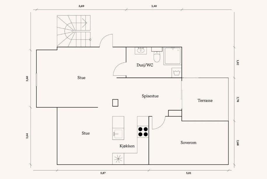 Illustrasjon av gulvareal i boligen - planløsningen er ikke i målestokk, avvik kan forekomme. Galleribilde