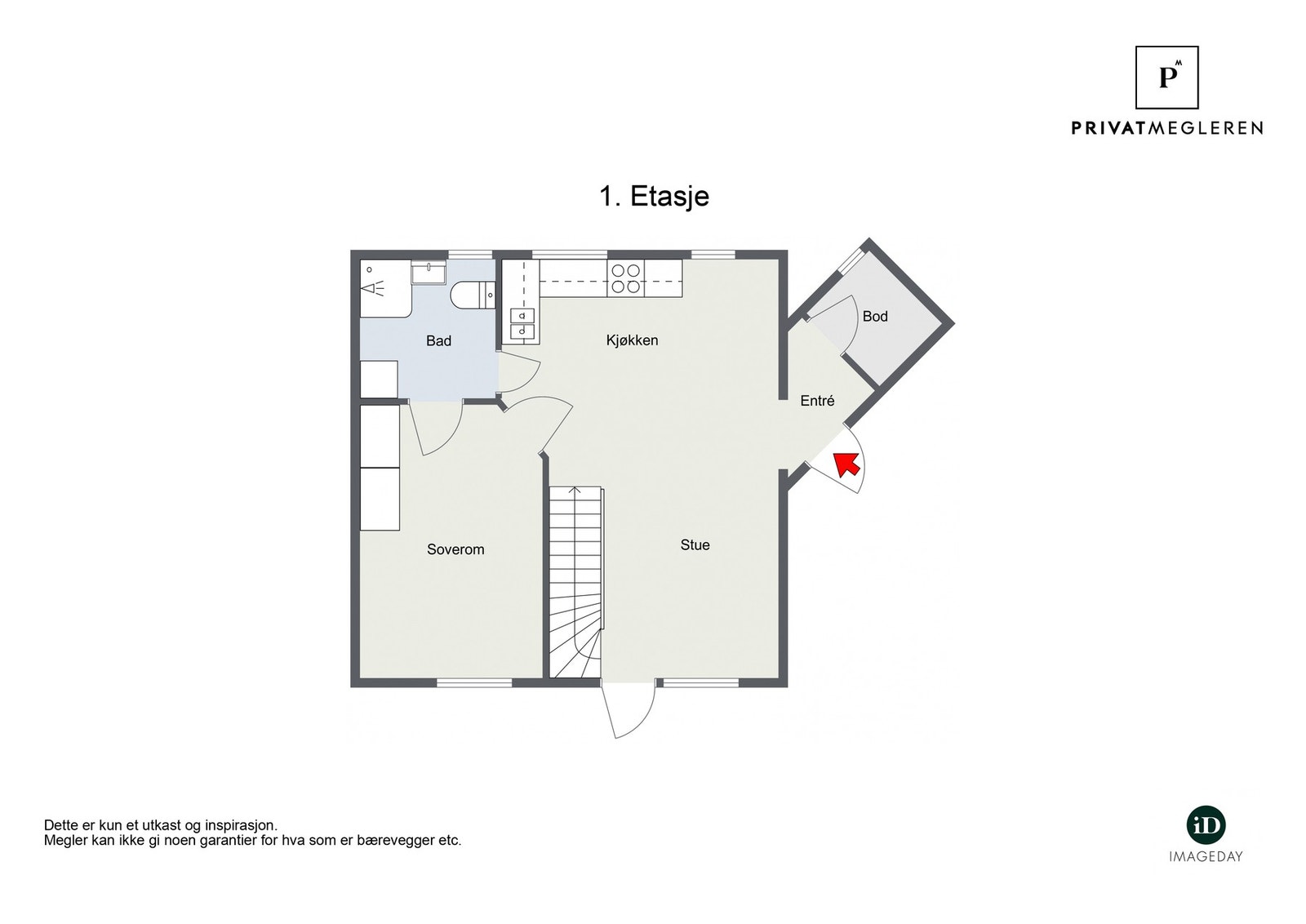 1. etasje: Trappefri adkomst - varmekabler i hele 1. etg. samt varmepumpe. Praktisk plan med stue/kjøkken og utgang til terrasse, soverom, bad/vask og bod. Galleribilde