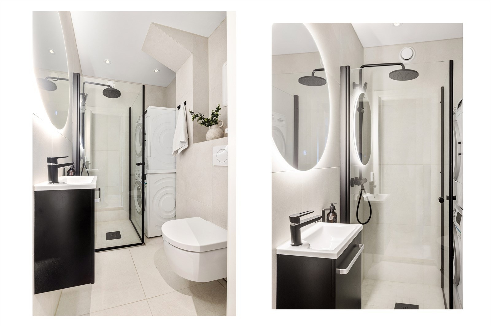 Rommet er utstyrt med glatt baderomsinnredning med heldekkende servant nedfelt i underskap, speil med integrert lys, veggmontert toalett og dusjhjørne med innfellbare glassdører. Det er opplegg for vaskemaskin og tørketrommel. Galleribilde