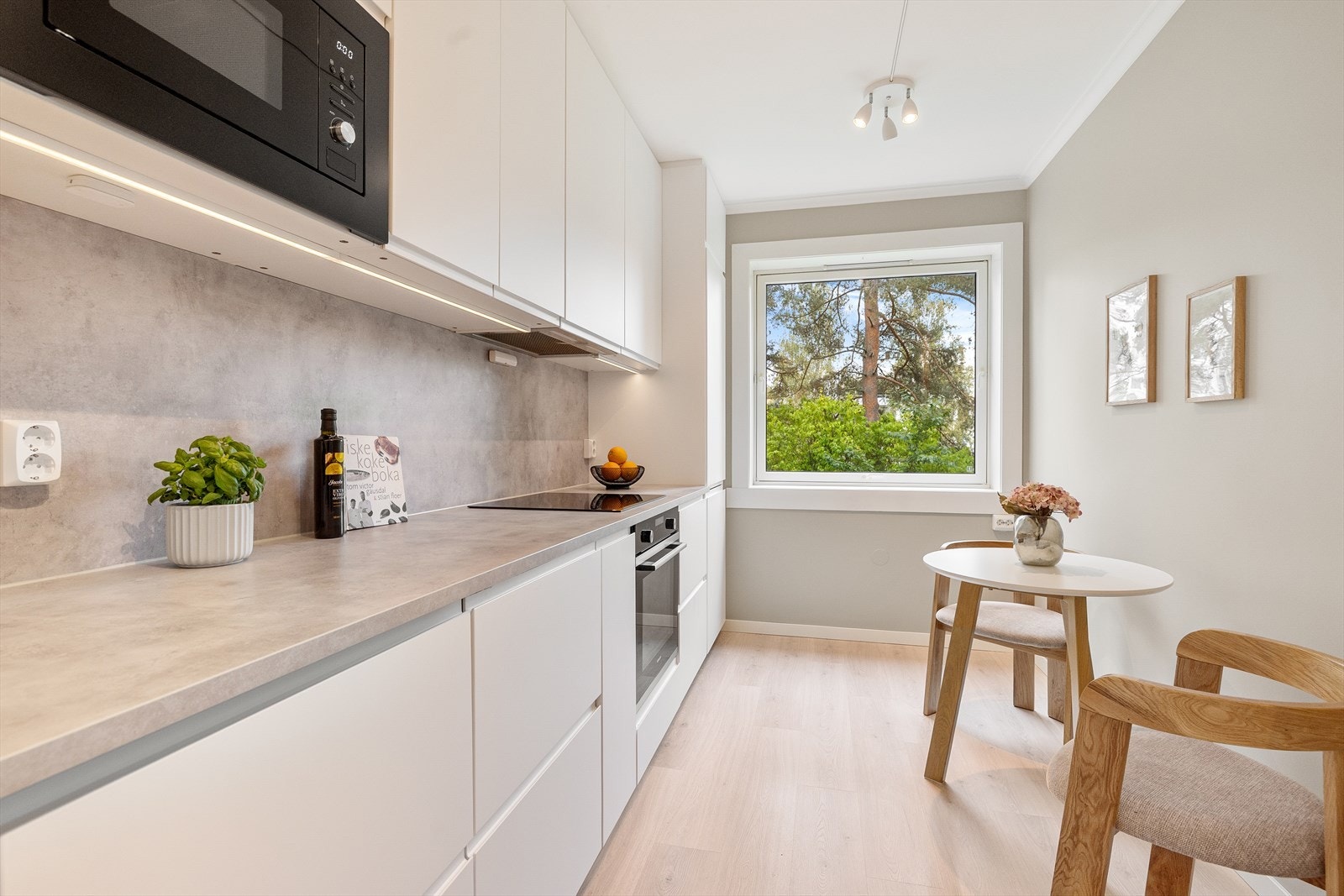 Plater over benk, ventilator med kullfilter samt integrerte hvitevarer som stekeovn, kjøl/frys og oppvaskmaskin. Galleribilde