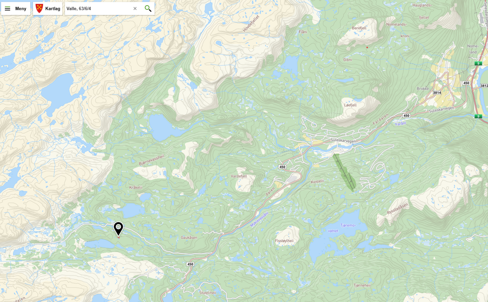 Kartet viser hvor hytta ligger i Evardalen, innkjørsel til Evardalen fra Suleskarveien. Galleribilde