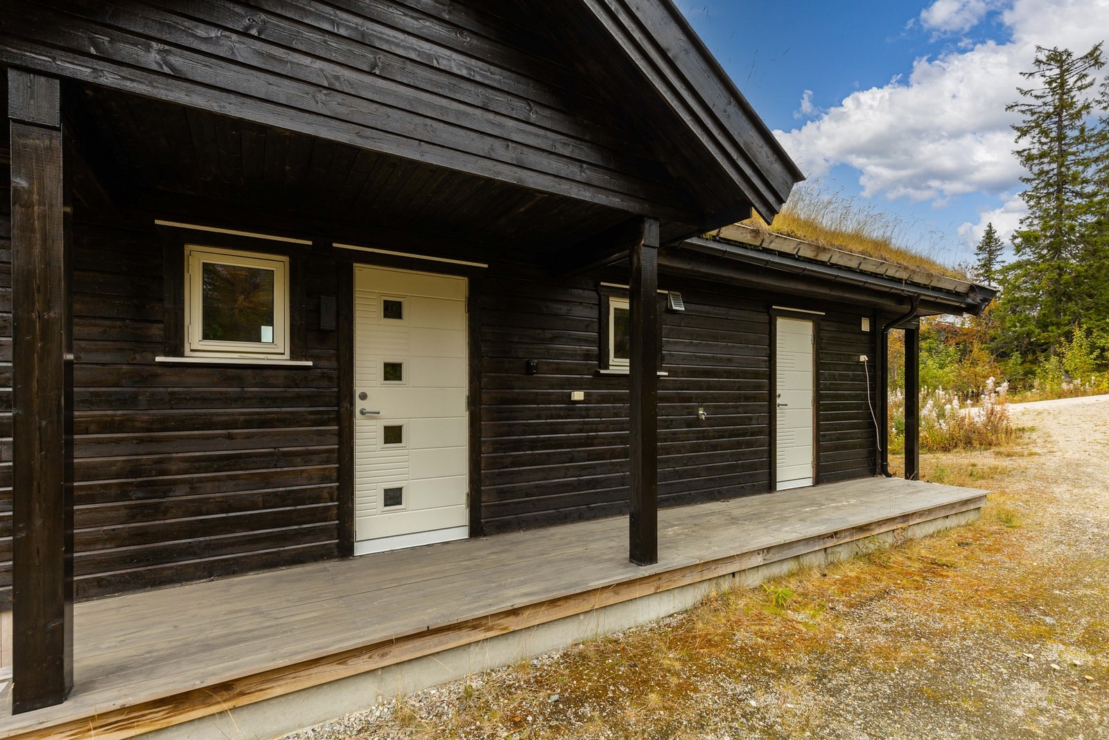Pent, overbygd inngangsparti. Her er det også lagring i utvendig bod. Galleribilde