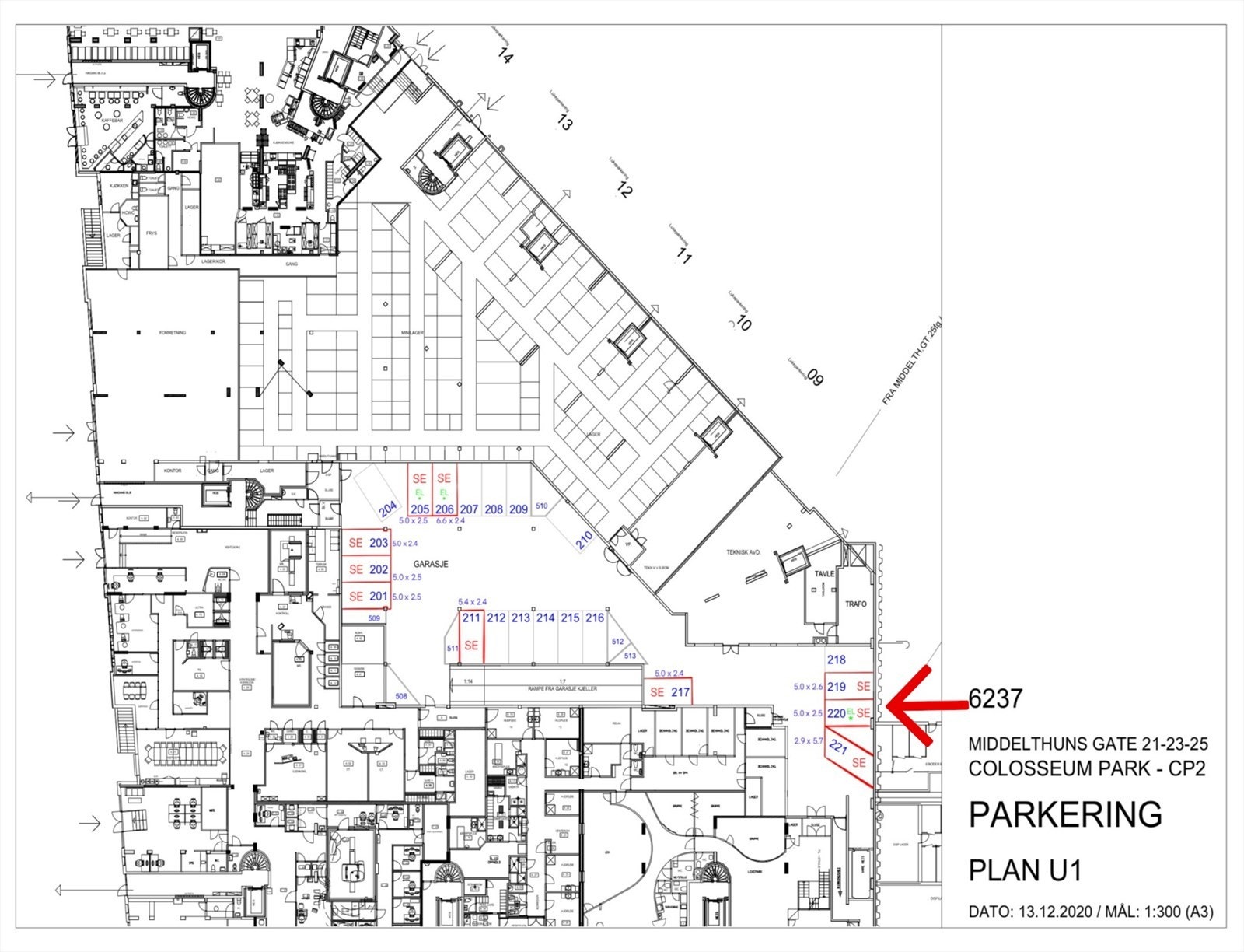 Plan U1 / Øvre plan markert med plasseringen til 220 Galleribilde