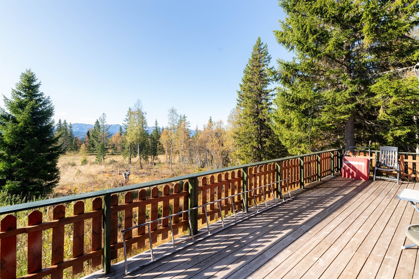 Tomta består av naturlig vegetasjon, med adkomst opp til terrassen fra begge sider av hytta. Galleribilde