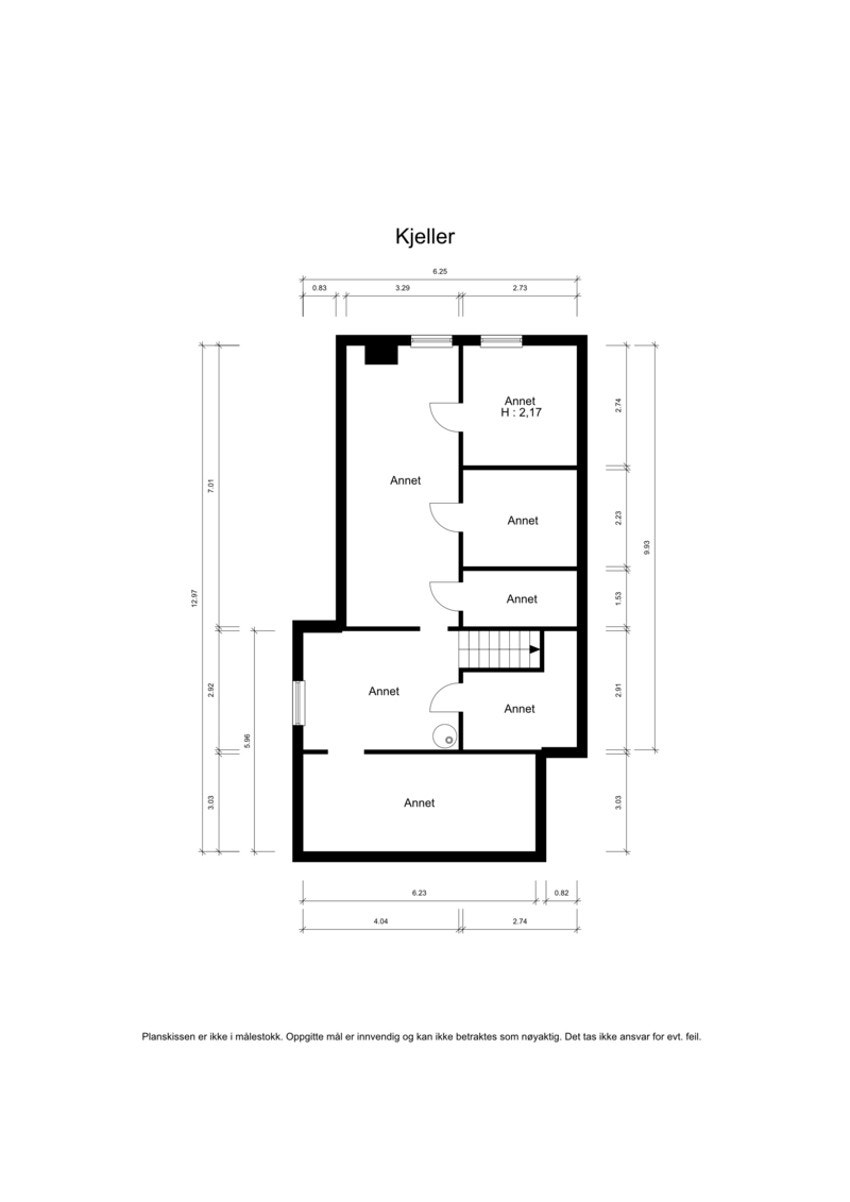 Plantegning for kjeller. Kjelleren består i dag av uinnredede kjellerrom. Galleribilde