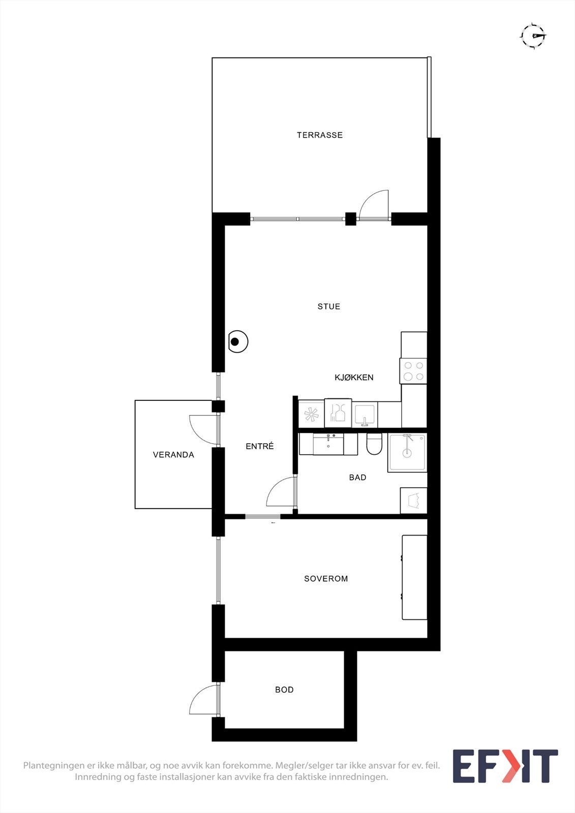 Plantegningen viser en arealeffektiv bolig på 45 m² med åpen stue/kjøkken, soverom, bad og to terrasser. Galleribilde