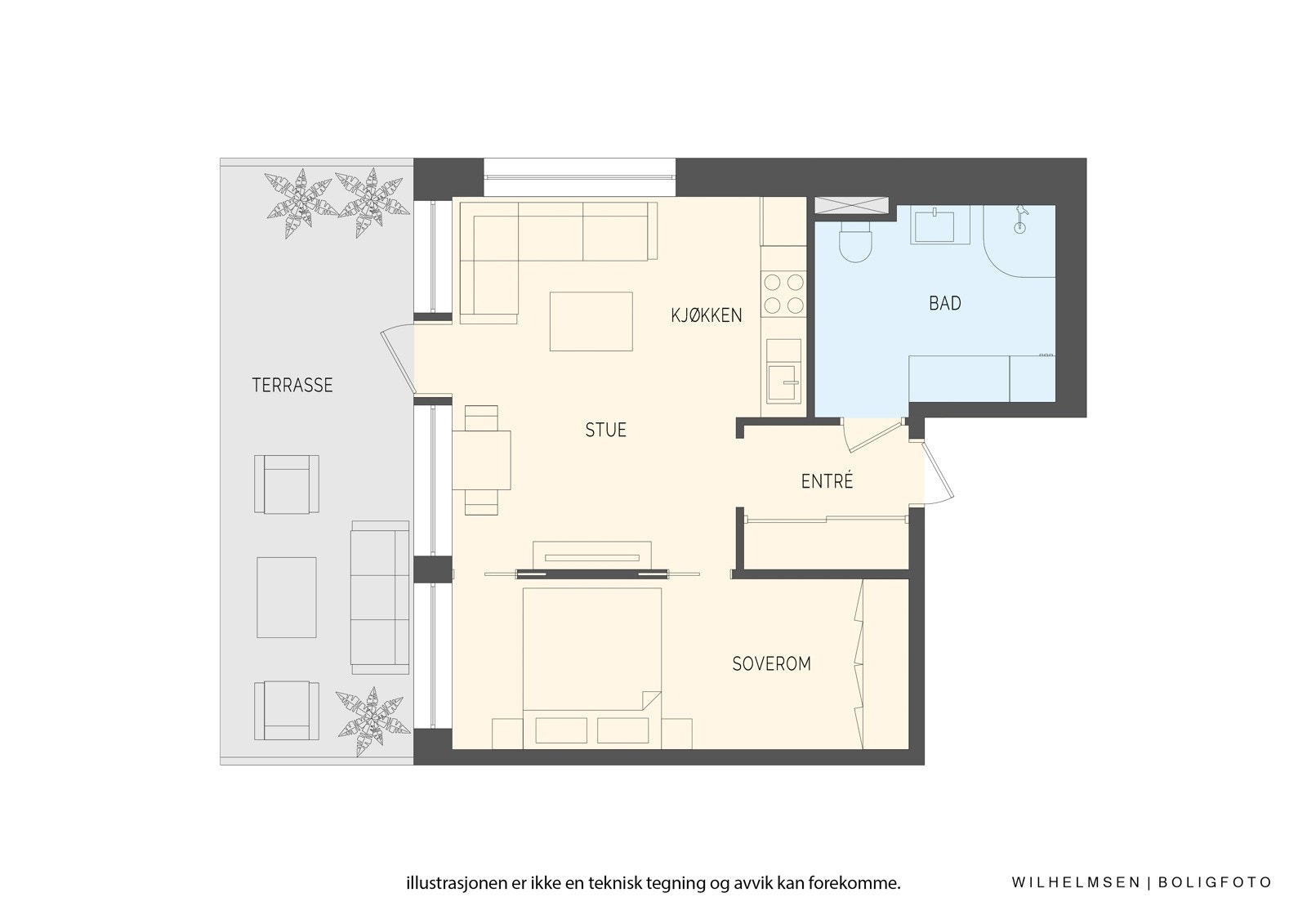 Leilighetens planløsning - I tillegg er det ekstern bod på 5 kvm og mulighet for å kjøpe garasjeplass Galleribilde