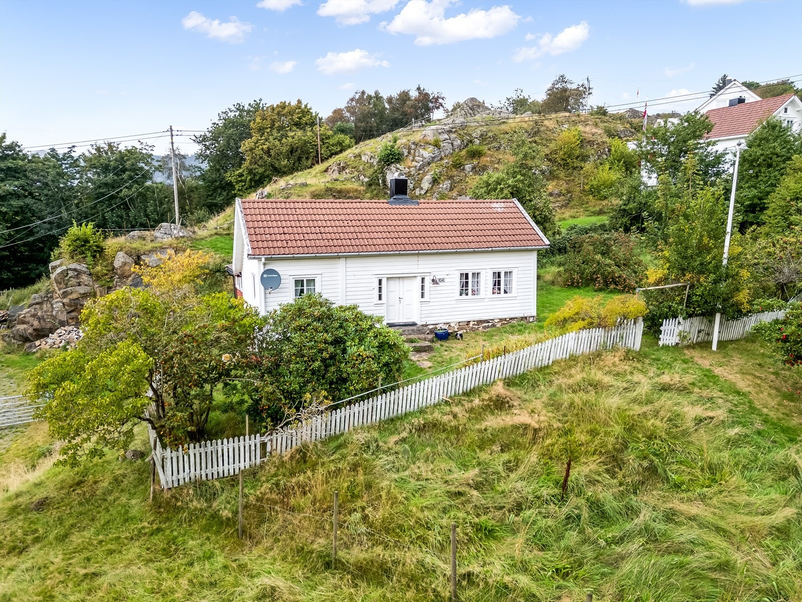 Romslig naturtomt med flere frukttrær, tilbygg og frodig beplantning. Galleribilde