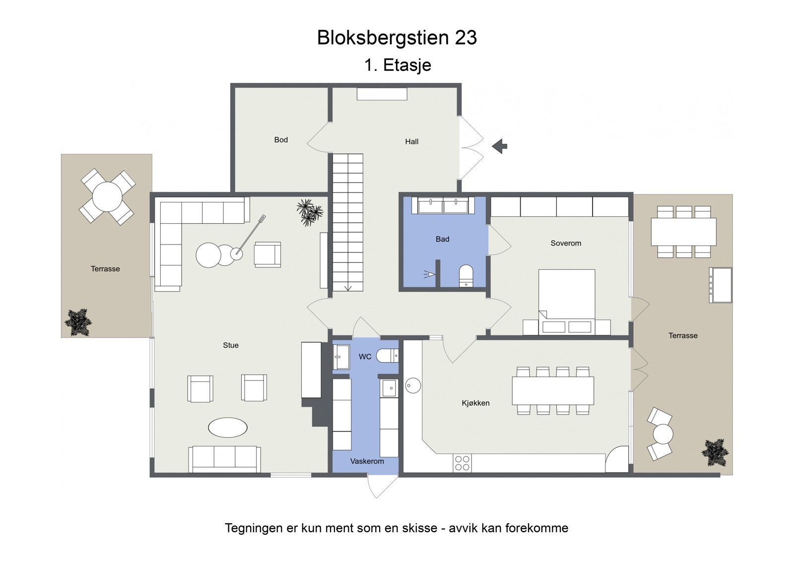 Omtrentlig planskisse, 1. etasje. Rombenevnelser på skissene er i henhold til dagens bruk, ikke i henhold til byggemeldt/godkjent bruk. Se punktet "innhold" i salgsoppgaven for oversikt over avvik mellom byggemeldt/godkjent bruk og dagens bruk. Galleribilde