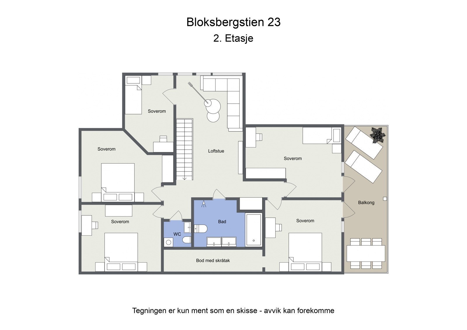 Omtrentlig planskisse, 2. etasje. Rombenevnelser på skissene er i henhold til dagens bruk, ikke i henhold til byggemeldt/godkjent bruk. Se punktet "innhold" i salgsoppgaven for oversikt over avvik mellom byggemeldt/godkjent bruk og dagens bruk. Galleribilde