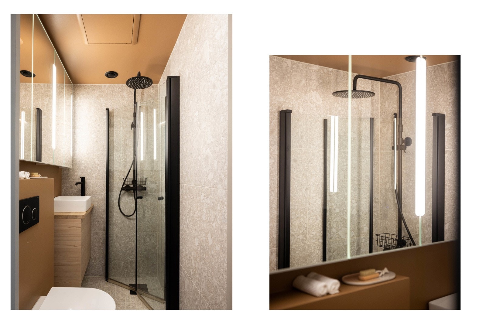 Dusjhjørne med innfellbare glassdører, sorte detaljer og integrert belysning. Galleribilde