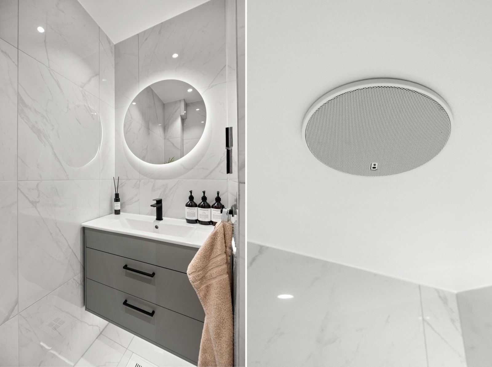 Stilfull innredning med servantskap med integrert belysning i skuffer, rundt speil med anti-dugg varme. Integrert høyttaler i himling med dab+ og bluetooth. Galleribilde