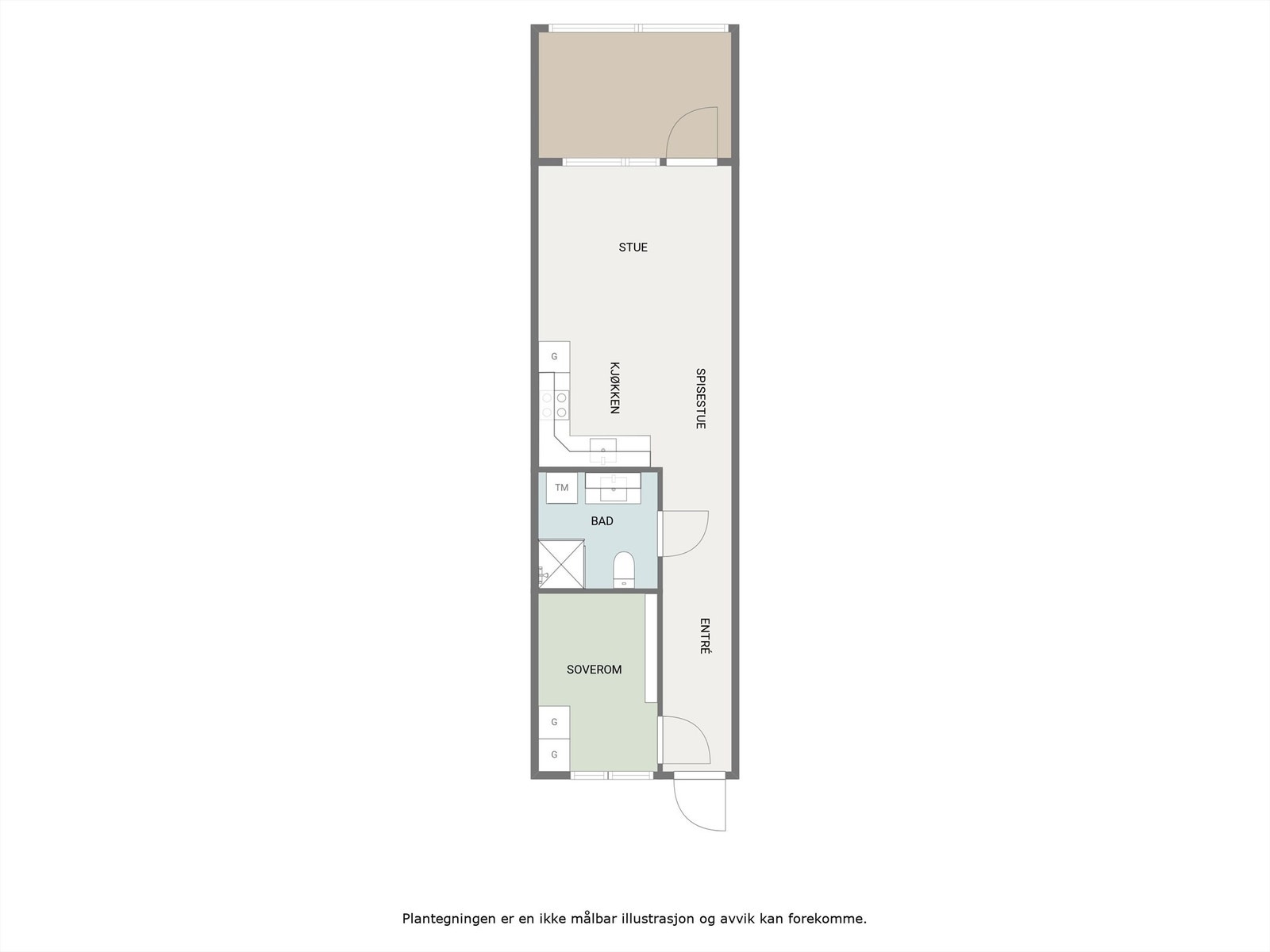 Speilvendt plantegningen viser en arealeffektiv leilighet med entré, soverom, bad og stue/kjøkken. Galleribilde