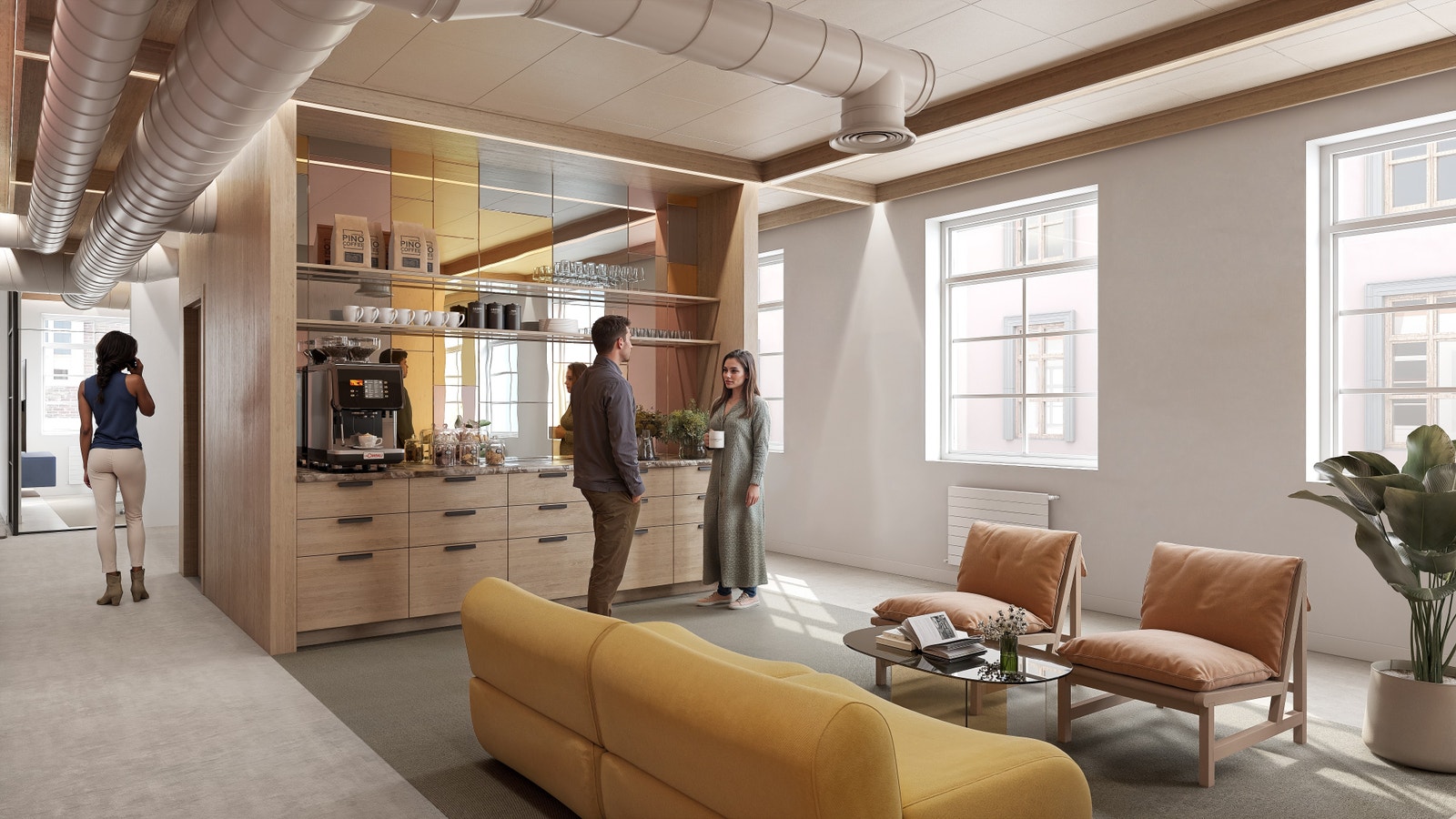 Skisse: Loungeområde med
kaffestasjon og uformelle møteplasser Galleribilde