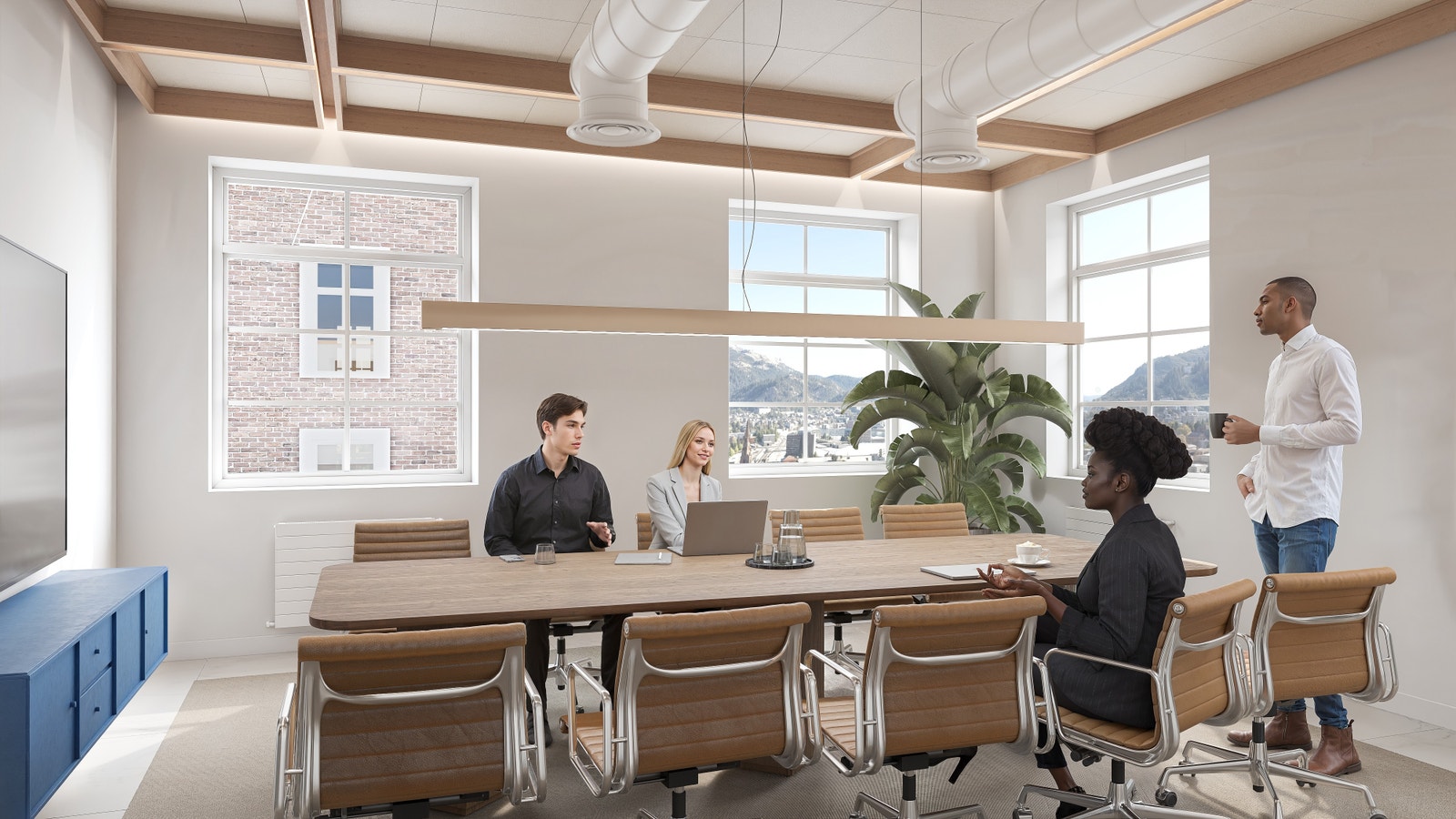 Skisse: Møterom med skjerm, grønne omgivelser og plass til
samarbeid Galleribilde