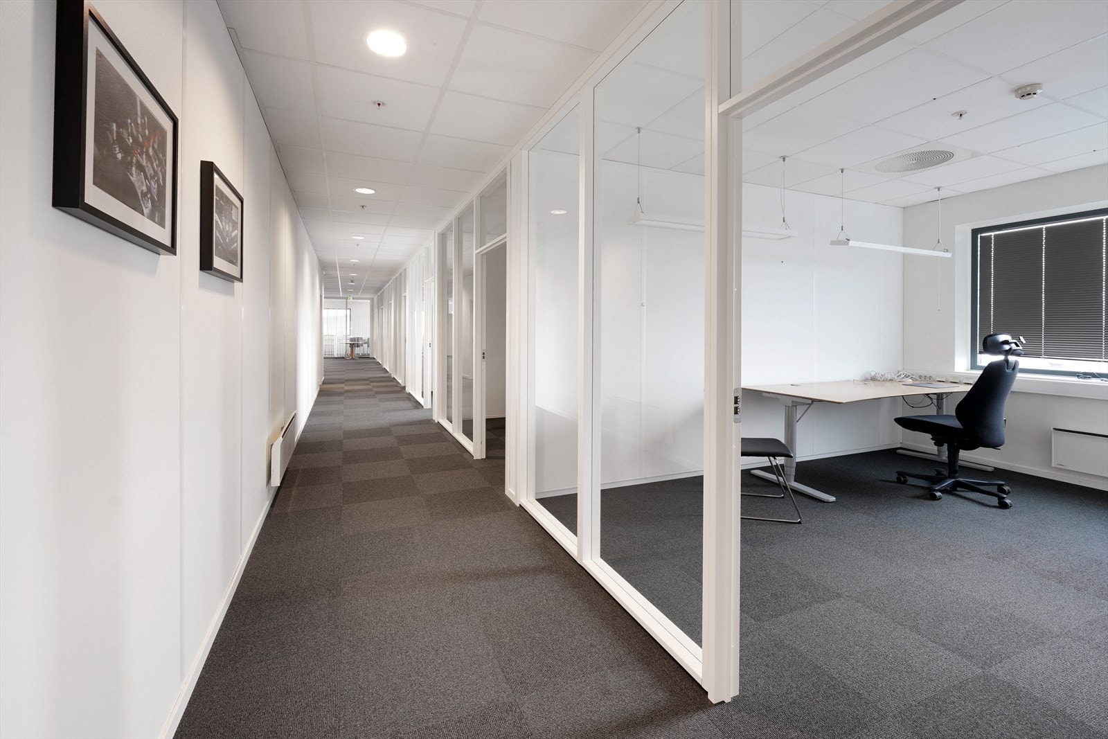 Lys og moderne gang med kontorer. Perfekt for dem som ønsker et stilrent og funksjonelt arbeidsmiljø. Galleribilde