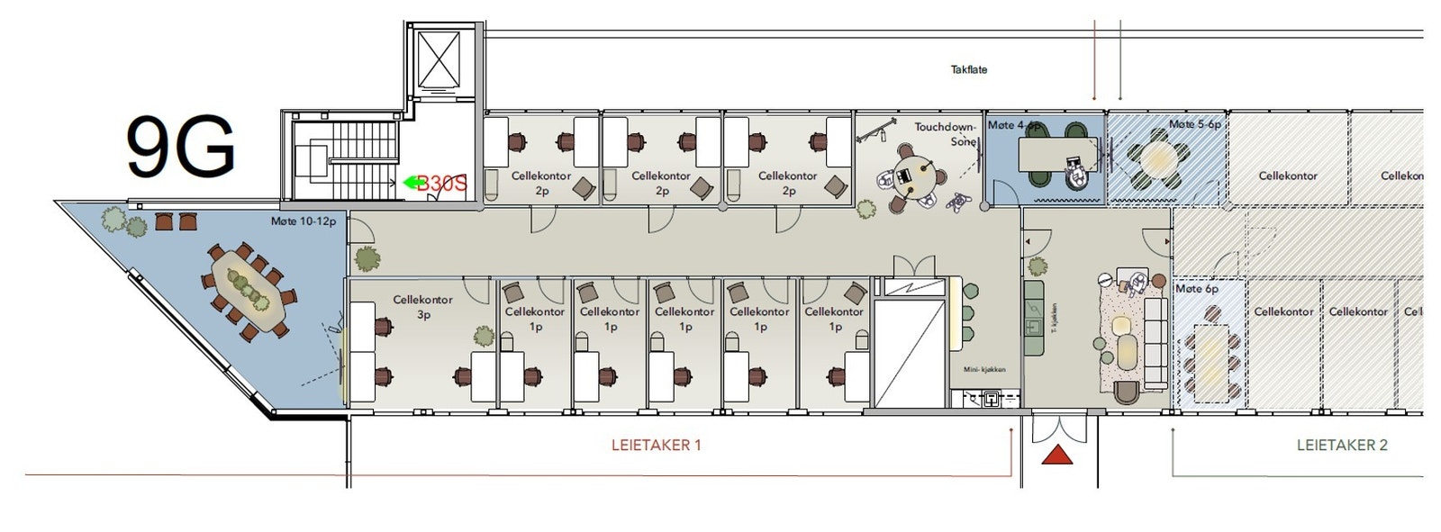 Illustrasjon møblert, samt mulig ny oppdeling ved inngangsparti og eget te-kjøkken. Galleribilde
