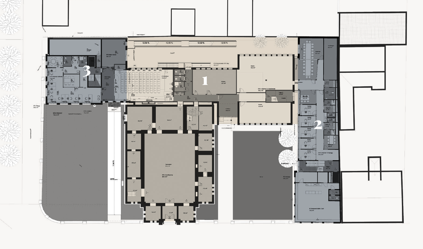 Plantegning 1. etg: markert i beige. Grå felt illustrerer ev. nye tilbygg. Galleribilde