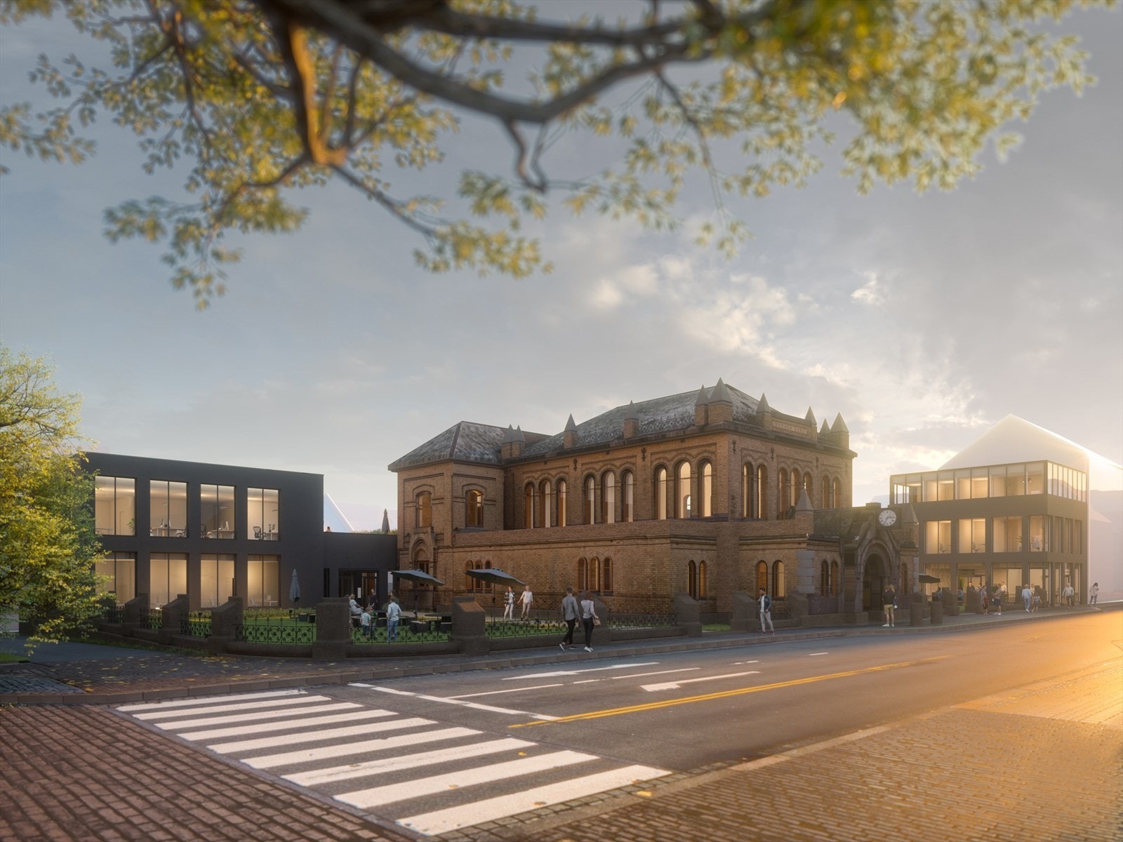 Dagens bygg i midten med potensielle nybygg på hver side. Galleribilde