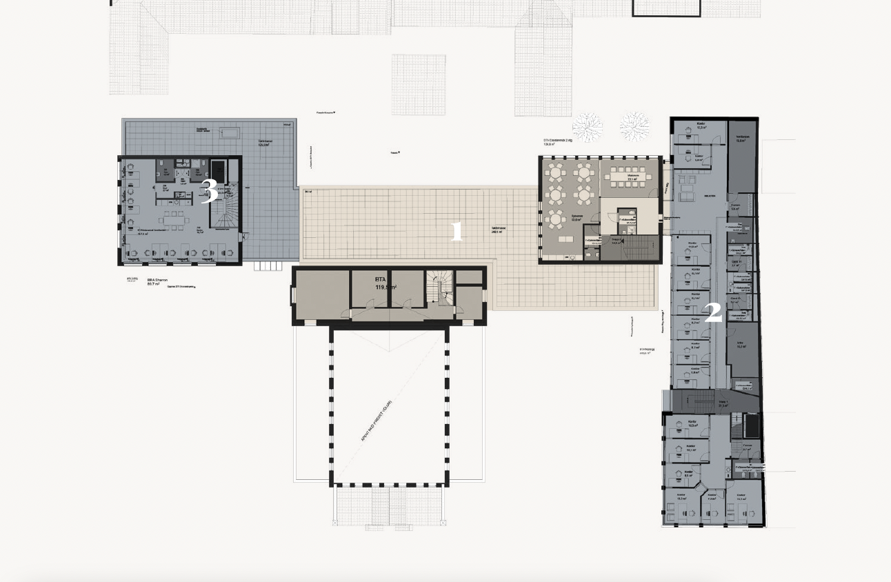 Plantegning 2. etg: markert i beige. Grå felt illustrerer ev. nye tilbygg. Galleribilde