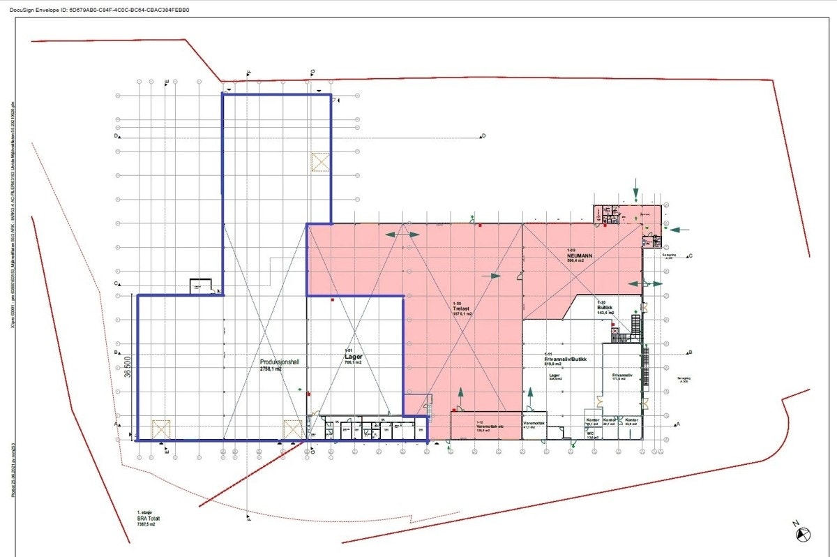 Seksjonen som er ledig er inndelt i den blå rammen. Seksjonen kan leies helt eller delvis, avhengig av leietakers behov. Galleribilde