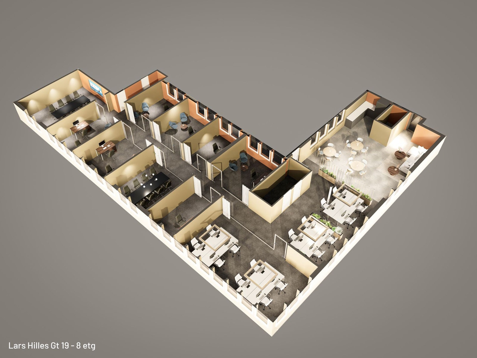 En 3D modell av kontorets utforming i 8.etasje Galleribilde