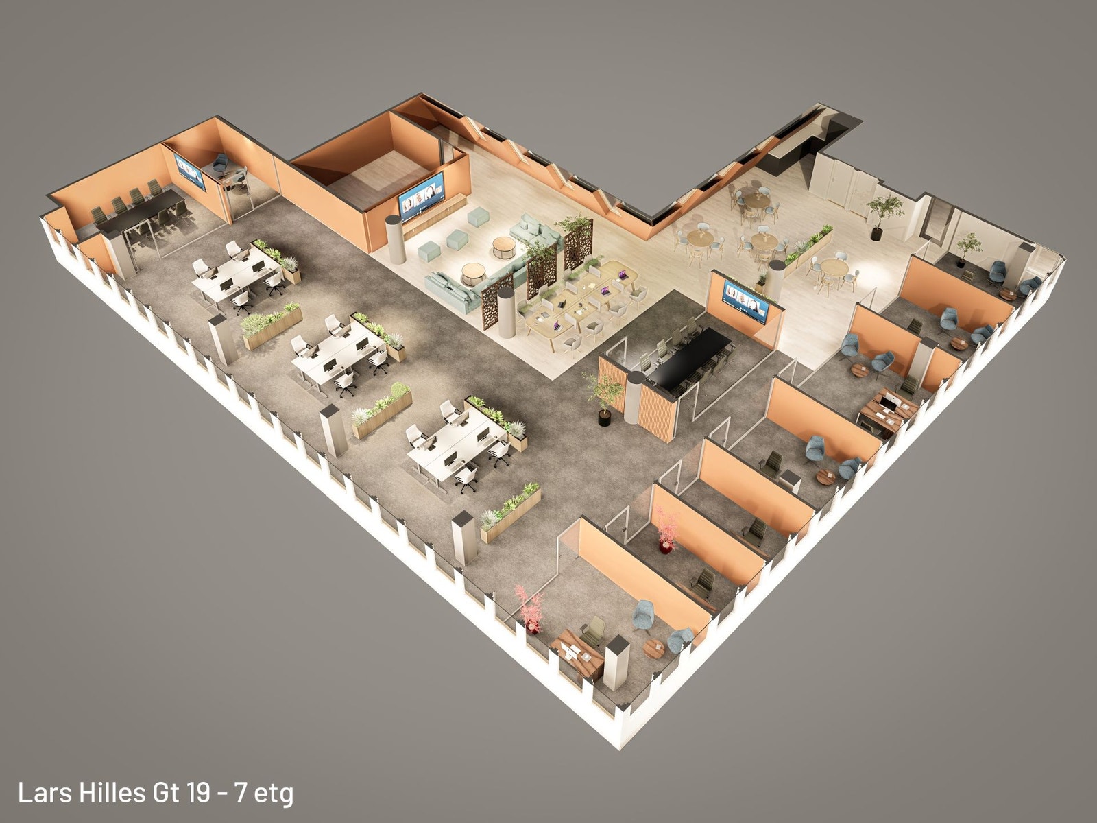 En 3D modell av kontorets utforming i 7.etasje Galleribilde