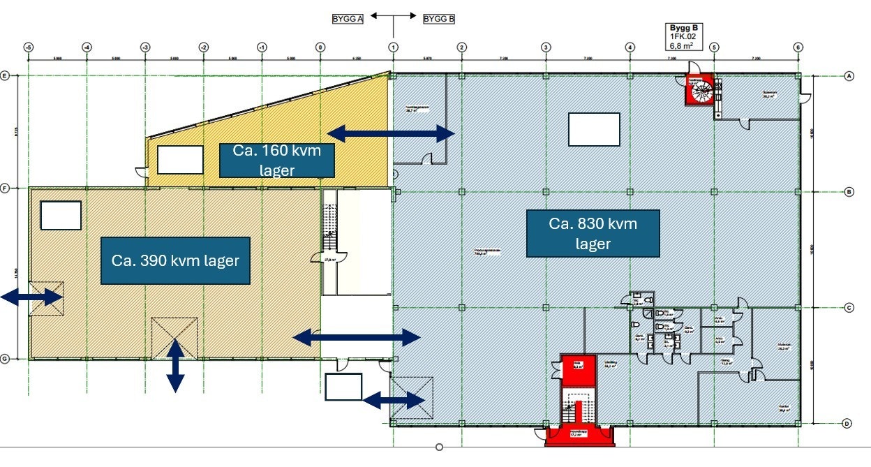 Plantegninger viser at alle 3 lagerarealene kan slås sammen til ett stort lager på ca. 1400 kvm. Galleribilde