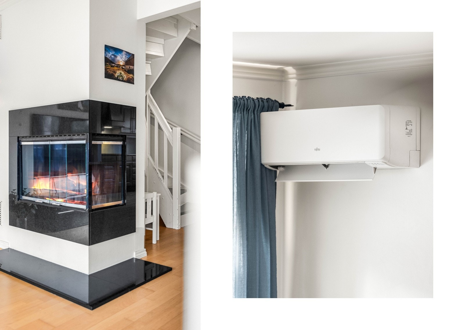 I stuen er det både varmepumpe og peis. Galleribilde