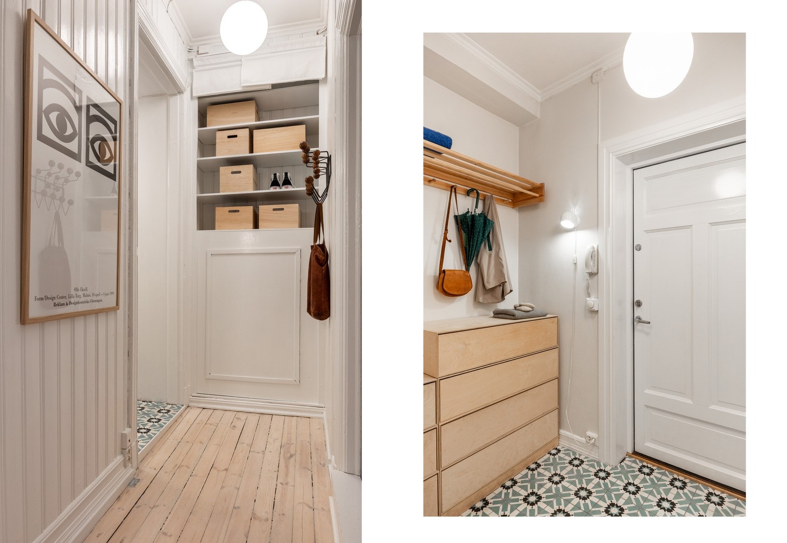 Hyggelig velkomst inn i leilighet med plass til oppheng av yttertøy og oppbevaring av sko. Galleribilde