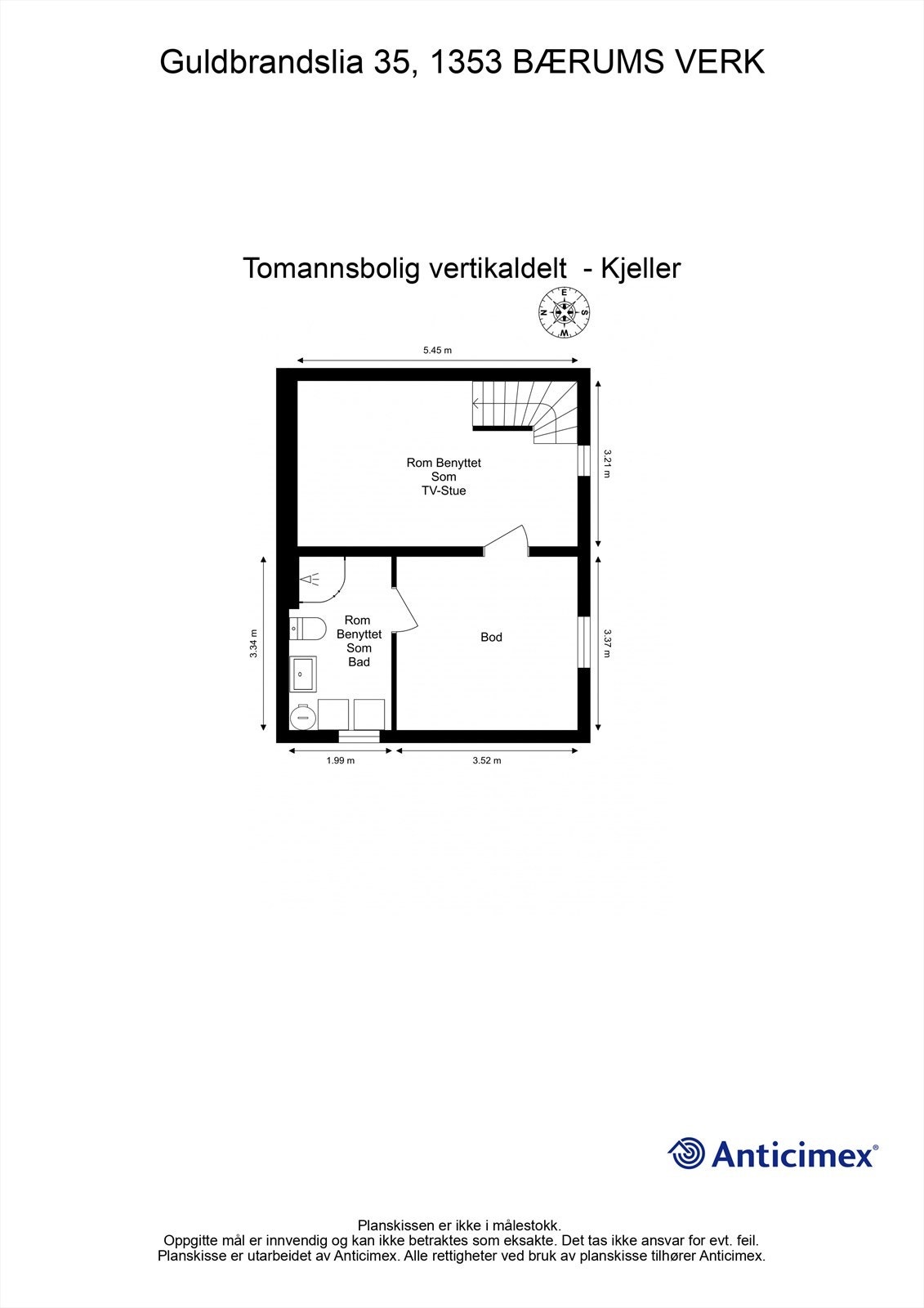 Plantegning - Underetasjen. Inneholder TV-stue, bad/vaskerom og en praktisk bod. Underetasjen er ikke godkjent til varig opphold Galleribilde