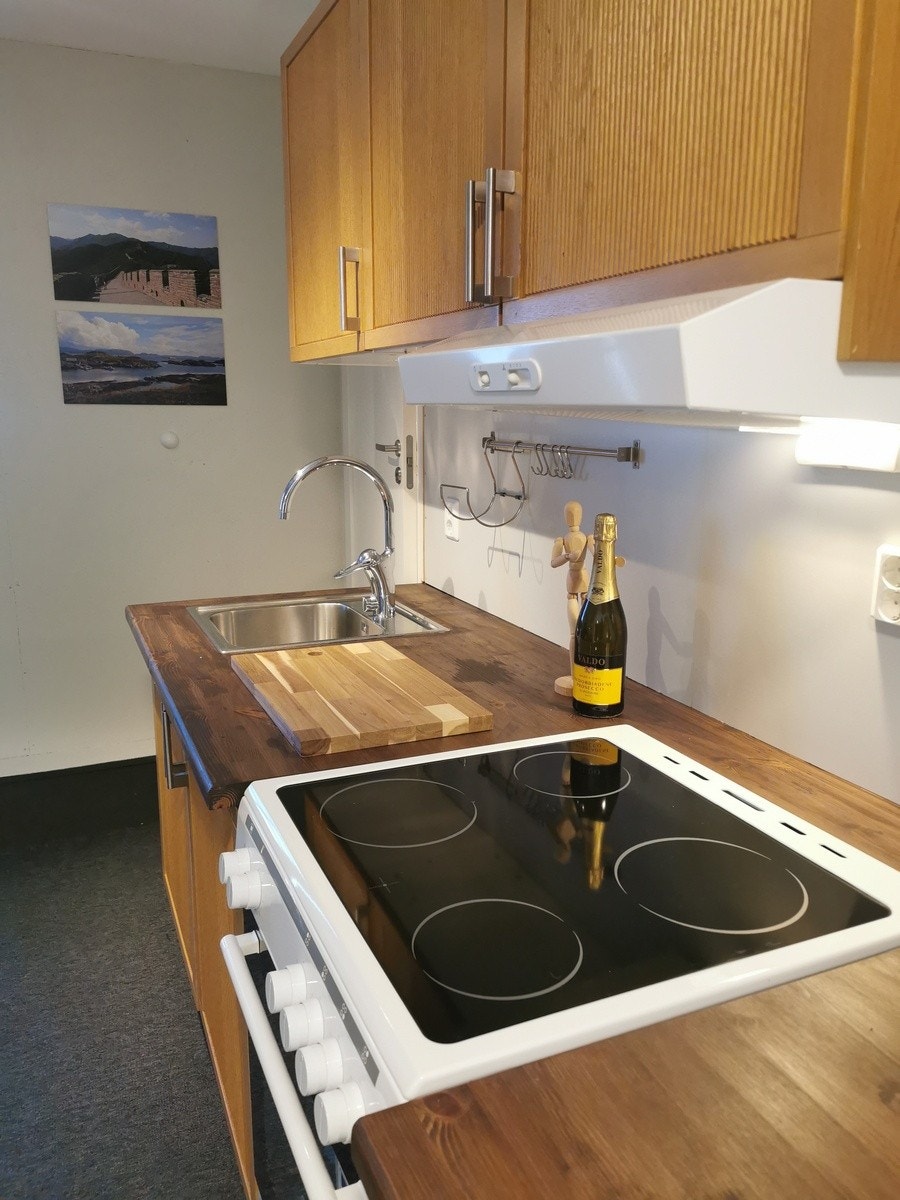 Kjøkken med komfyr og kjøleskap. Fryser er i sportsboden. Galleribilde