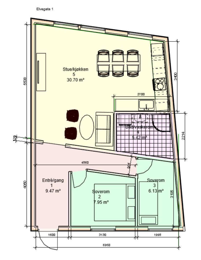Elvegata 1 - Plantegning levert av takstfirma (oppgitte arealer er hentet fra vedlagte tilstandsrapport og megler har ikke kontrollmålt boligen). Galleribilde