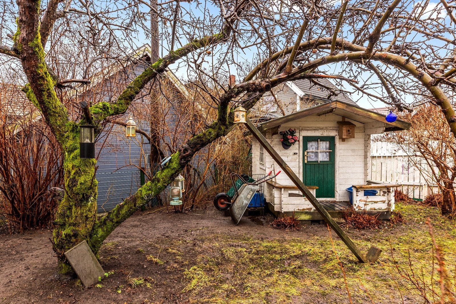 Et lite lekehus og et eldre epletre skaper et hyggelig miljø i hagen. Galleribilde