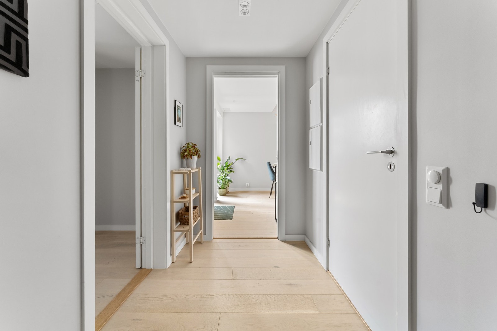 Lys og innbydende entré med god plass til yttertøy og sko. Dørcalling med åpner. Galleribilde