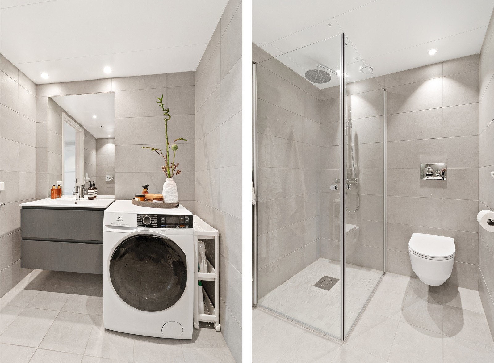 Delikat bad med lysegrå fliser på gulv og vegger. Baderomsinnredning med glatte fronter og god oppbevaring. Servant med speil og belysning over. Galleribilde