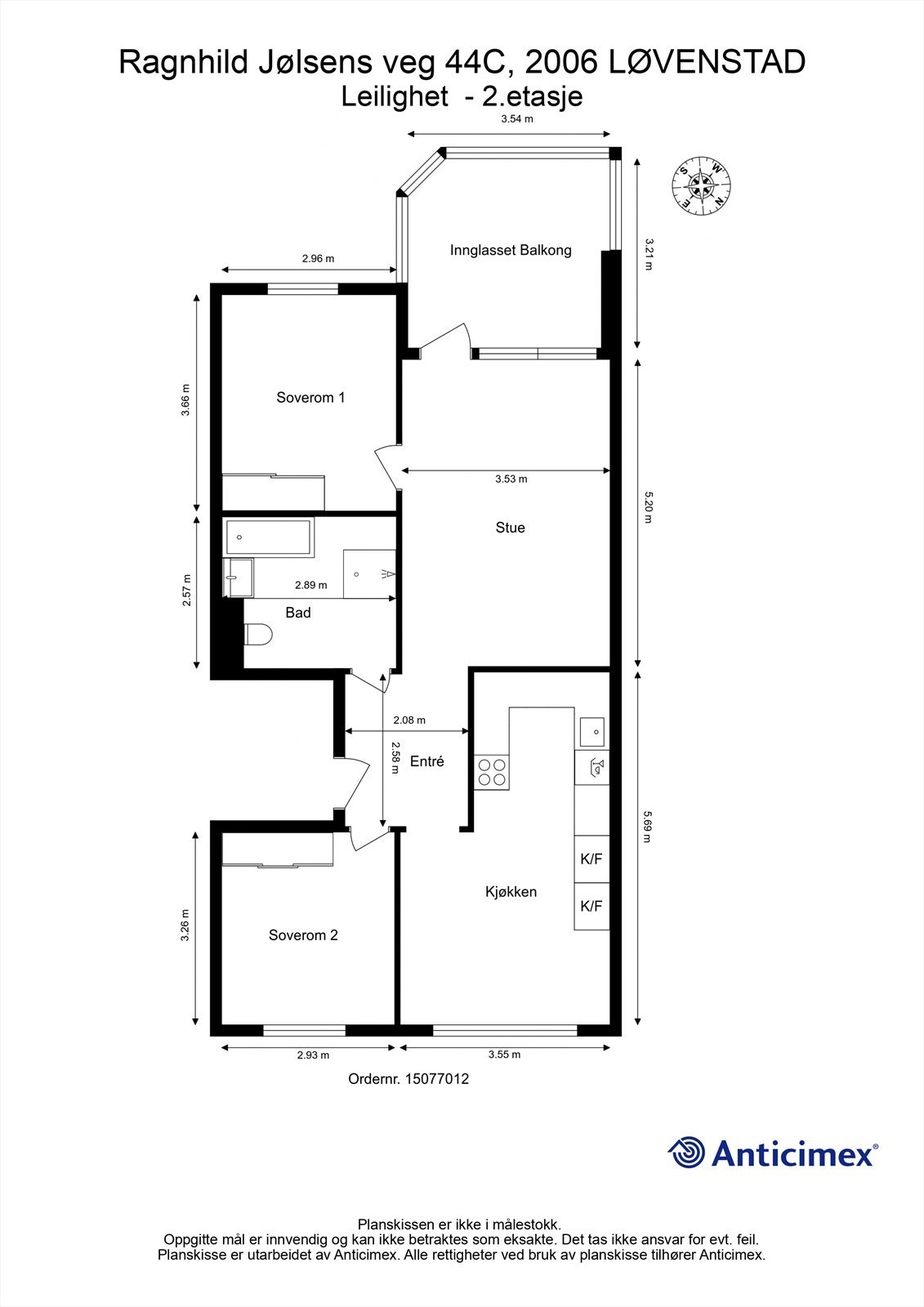 Plantegningen illustrerer en arealeffektiv planløsning med to soverom, separat kjøkken og stue. Galleribilde