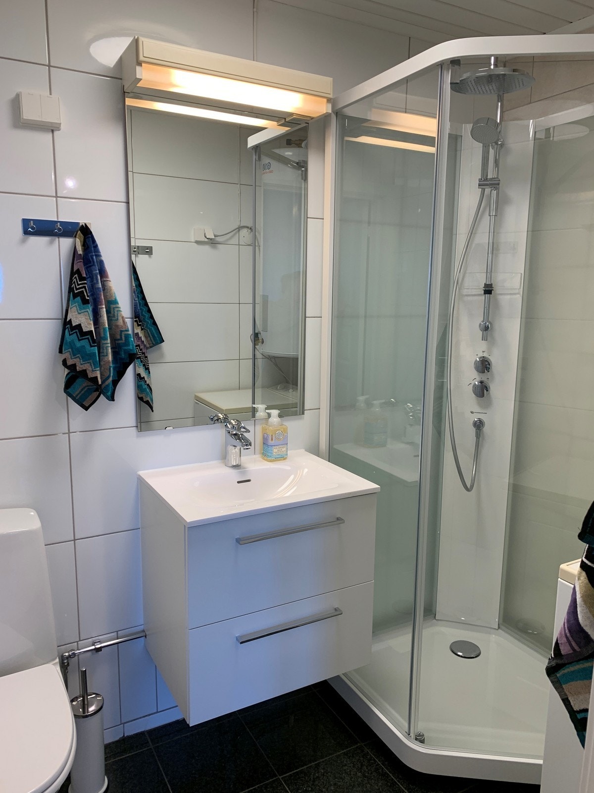 Det er dusjkabinett, servant og toalett på badet. Galleribilde