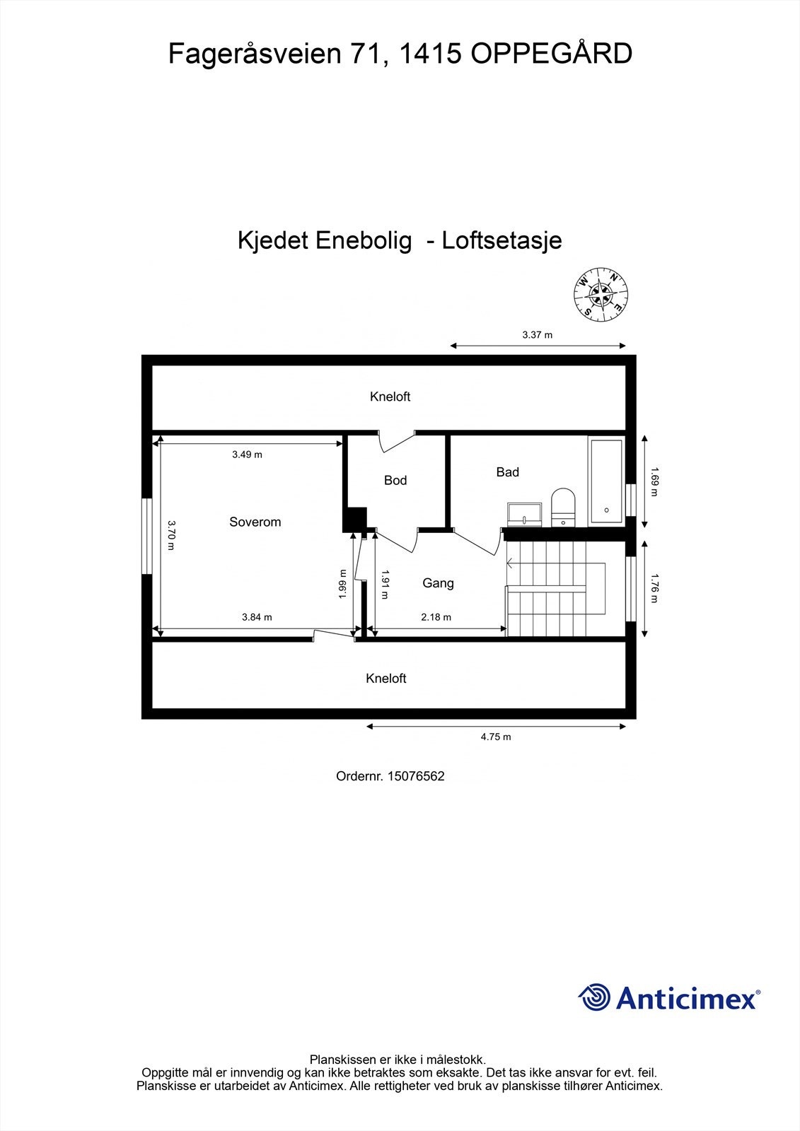 Loftsetasjen er innredet med gang, soverom, bad og en bod. Galleribilde